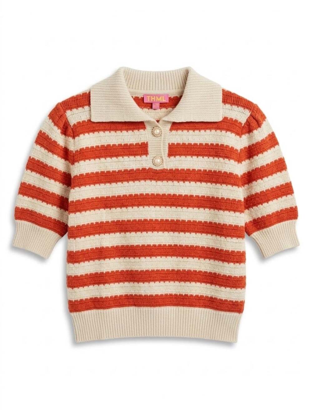 THML Orange and Cream Striped Knit Polo Sweater